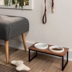 Modern Short Metal Elevated Dog Bowl With Natural Wood Top - Black - Boots & Barkley™
